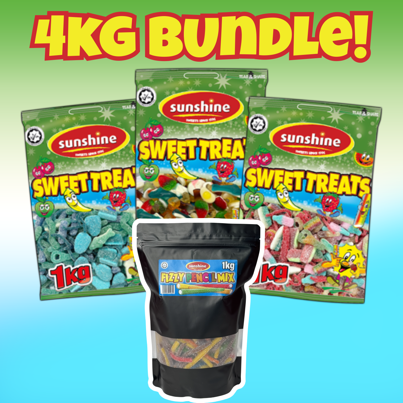 Sunshine Sweet Treats packages with a 4KG Bundle text on a colorful background