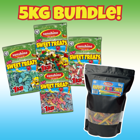 Sunshine Sweet Treats 1kg bags all together as a bundle packages with a black bag of Fizzy Frenzy Mix on a gradient background.