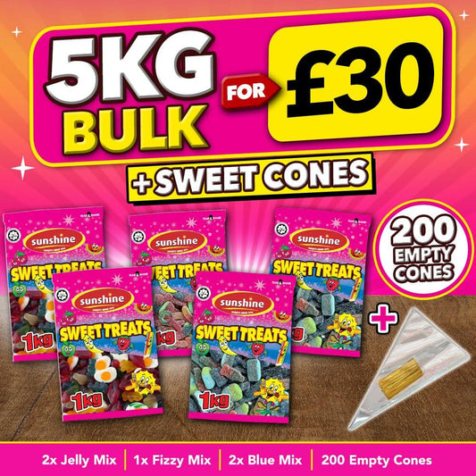 5kg + Empty Sweet Cones Bundle for £30 - 2x 1kg Jelly Mix, 2x 1kg Blue Mix, 1x Fizzy Mix & 200 Empty Sweet Cones