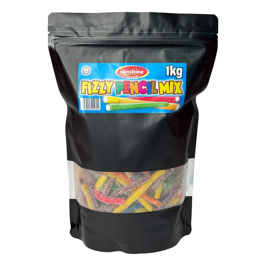 Black 1kg Pouch filled with Fizzy Pencils labelled with a Sunshine Snacks label