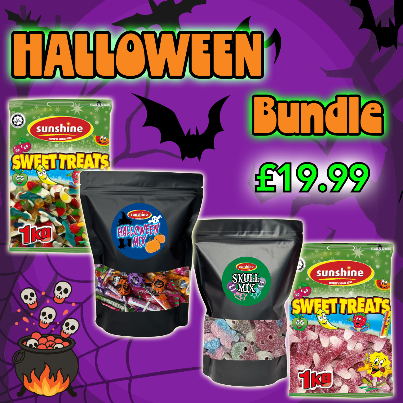 Halloween sweet bags all together as a bundle in front of a purple background. With a £19.99 price tag.