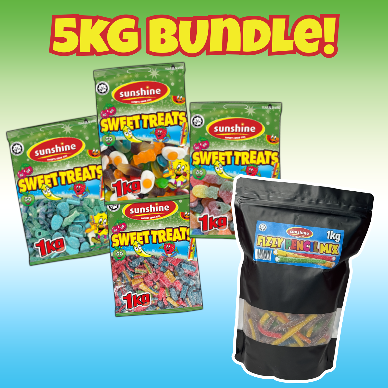 5kg for £30 - Blue Mix, Jelly Mix, Fizzy Mix, Super Party Mix & Sour Rainbow Pencils