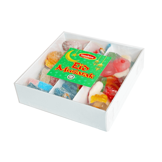 A box of various colorful candies with a label that reads 'Eid Favour Box'.