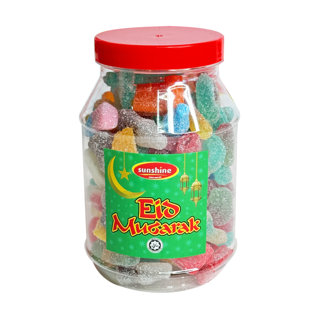 A clear plastic jar filled with various colorful candies, sealed with a red lid. The label on the jar indicates the product is a mix of different flavors, including raspberry, strawberry, apple, lemon, orange, and pineapple.