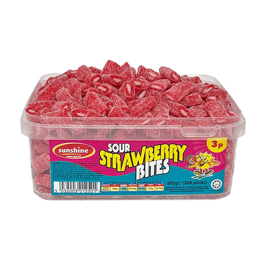 A clear plastic tub filled with red sour strawberry bite-shaped candies. The tub has a label with the brand 'Sunshine' and the product name 'Sour Strawberry Bites'.